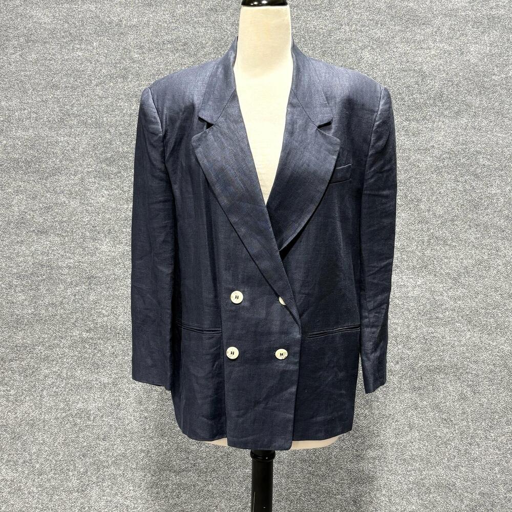Vintage International Scene Blazer Womens 14 Blue Linen Double Breasted Russia